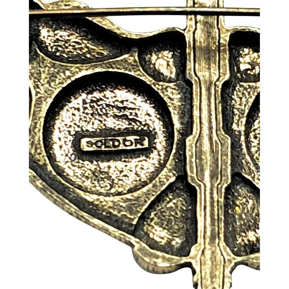 Sol Dor Art Glass Brooch Celtic Irish Rhinestone Pin Signed Costume Jewelry Vint